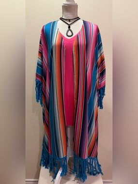 NWT L&B Vibrant Multicolor Serape Striped Fringe Kimono